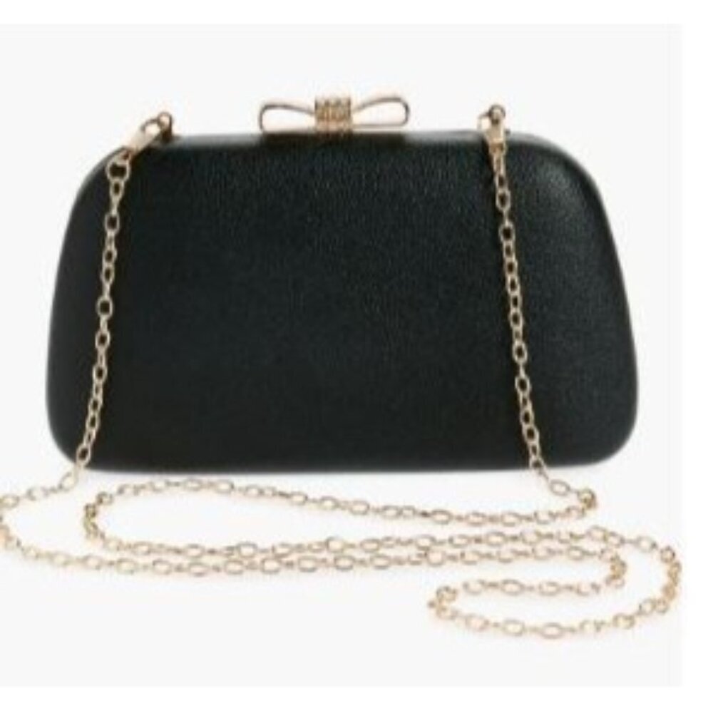Natasha Crystal Gold Bow Clasp Clutch Crossbody Black Lined Faux Leather NWT